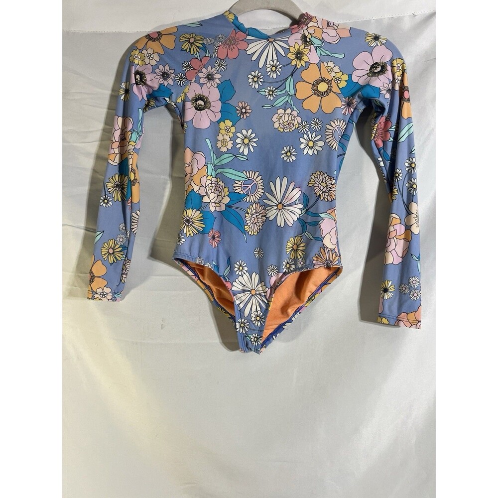 Hobie Girls One Piece Swimsuit Size M 10 Blue Floral Zip Front Rash Guard Surf